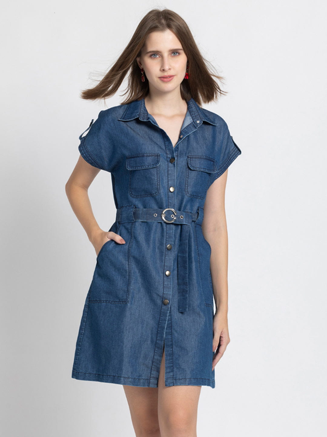 white christmas dresses DenimÂ V Neck Knee Length One Piece Dress main image 0