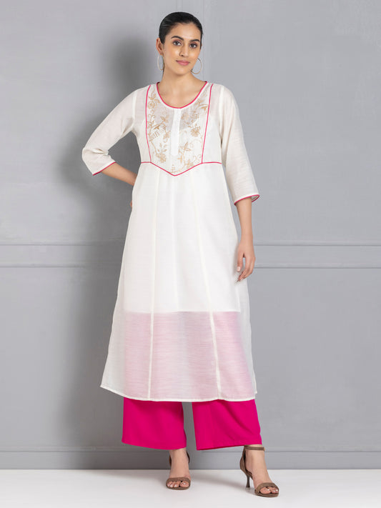 Off White A line Embroidered Kurta with Slip from Shaye India , Kurta for women