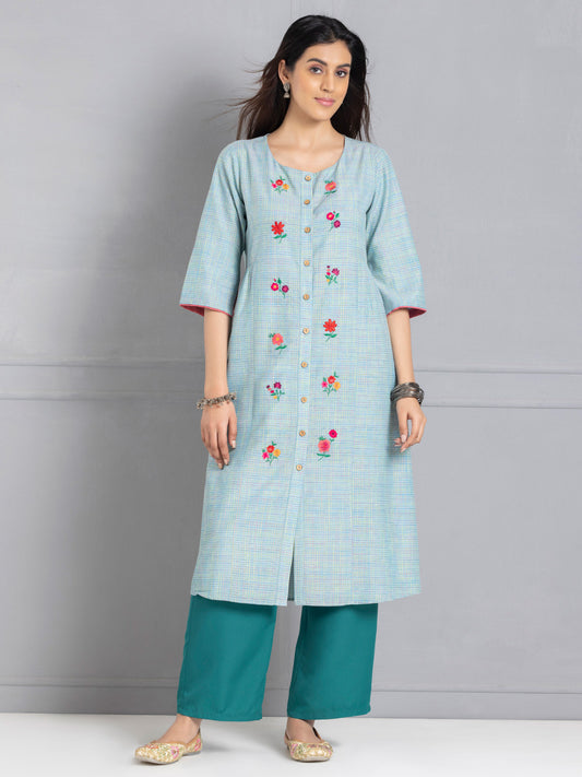 Aqua Check Patterned Floral Embroidered Ethnic Kurta from Shaye , Kurta for women