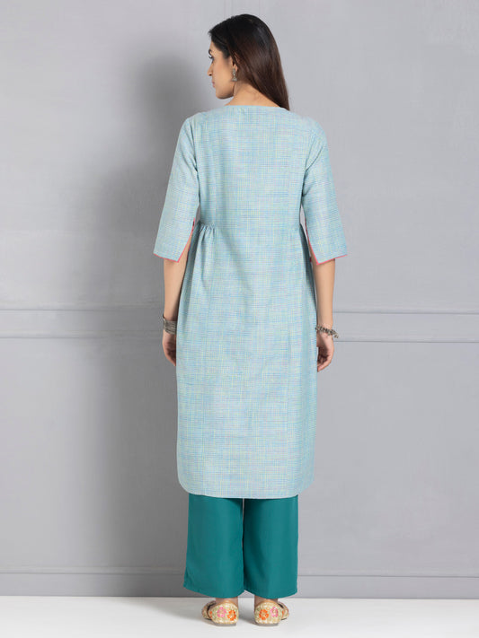 Aqua Check Patterned Floral Embroidered Ethnic Kurta from Shaye , Kurta for women
