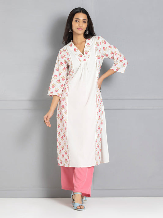 White & Pink Bagru Printed Straight Kurta from Shaye India , Kurta for women