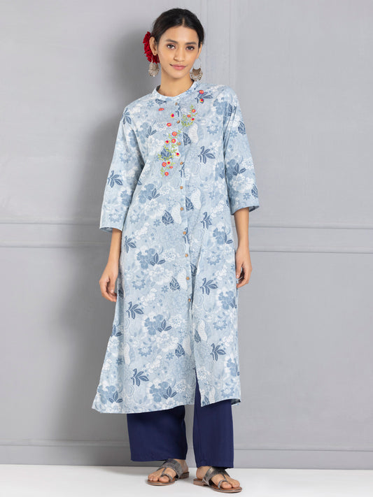 Blue Floral Embroidered & Printed Button Down Kurta from Shaye India , Kurta for women