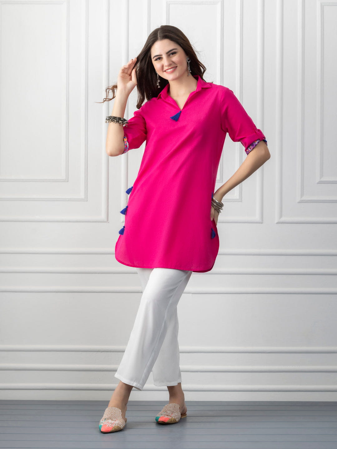 Pink Causal Kurti with Embroidery on Neck