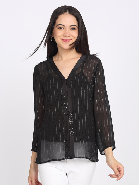Shaye black shirt cotton striped for women front view