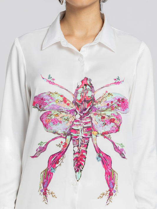 Close-up of spread collar and colorful butterfly print on white satin shirt, button front, relaxed fit