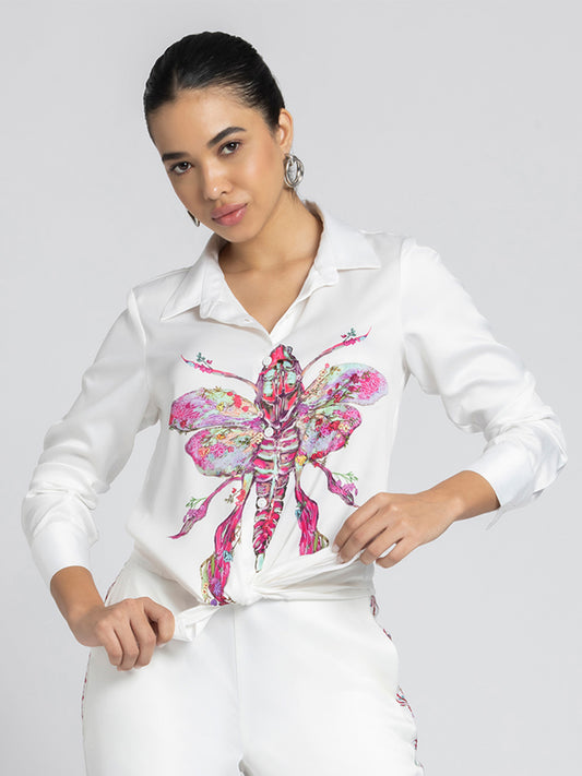 White satin shirt with vivid butterfly print on front, spread collar, full sleeves, button down, knot tie detail, curved hem, relaxed fit front view
