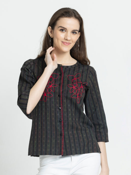 Model standing straight wearing black embroidered Jessup Shirt round neck three quarter sleeves with slit straight hem