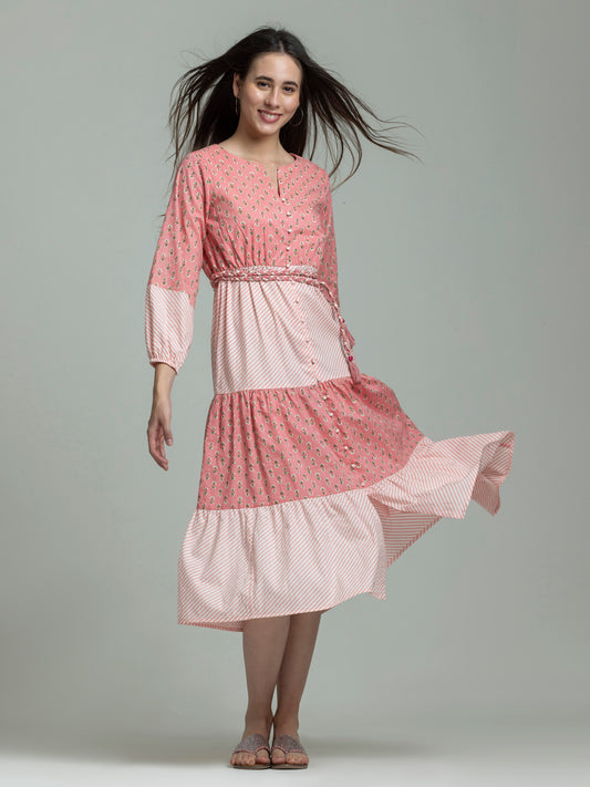 Pink cotton Sunday dress with elasticated sleeves and tiered ruffle hem