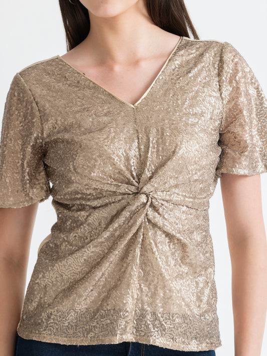 Shaye beige party top sequin v-neckline twisted knot and sparkle stripe fabric close-up for women