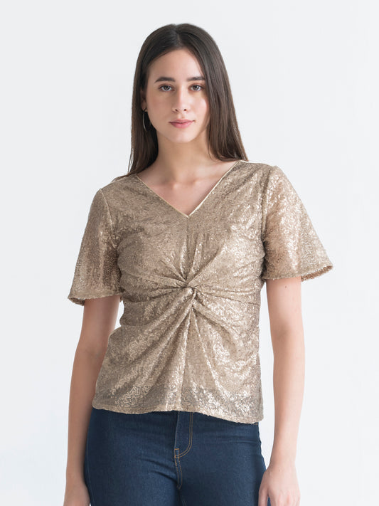 Shaye beige party top sequin fabric v-neckline short flared sleeves twisted knot front fitted curved hem main front view for women