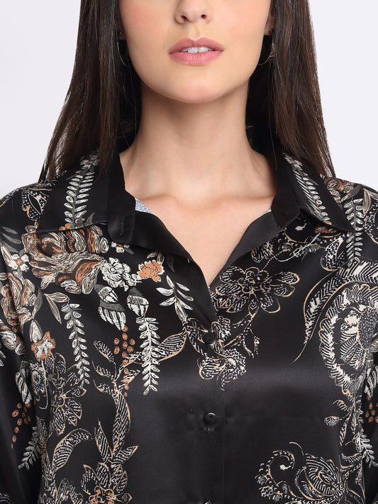 Shaye black floral print shirt satin collar floral print and button detail close-up for women