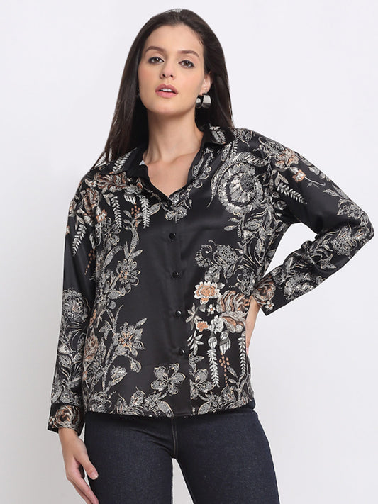 Shaye black floral print shirt satin collar full sleeves button down relaxed fit front view for women