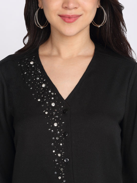 Shaye black party shirt moss crepe V-neck front embroidery and button detail close-up for women