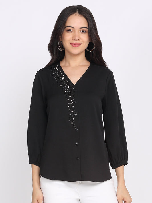Shaye black party shirt moss crepe V-neck three quarter elasticated sleeves embroidery front view for women