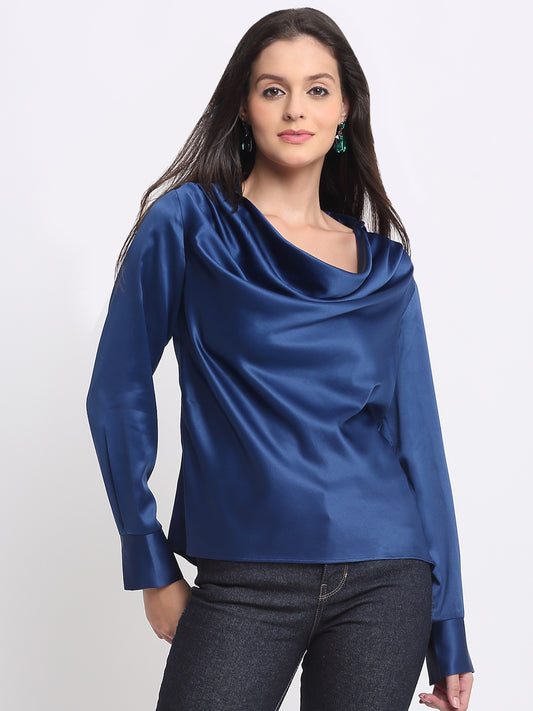 Shaye blue party top satin cowl neck spread collar full cuff sleeves curved hem relaxed fit for women front view