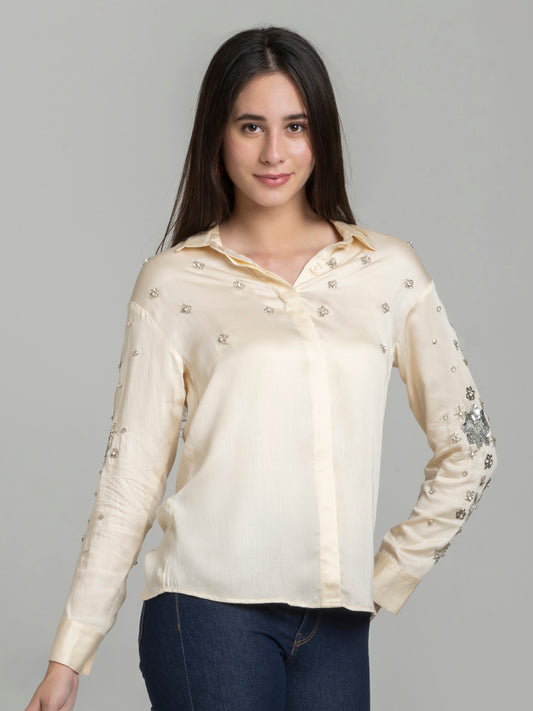 Shaye Brilliante ivory party shirt with spread collar hand embroidery on front and sleeves