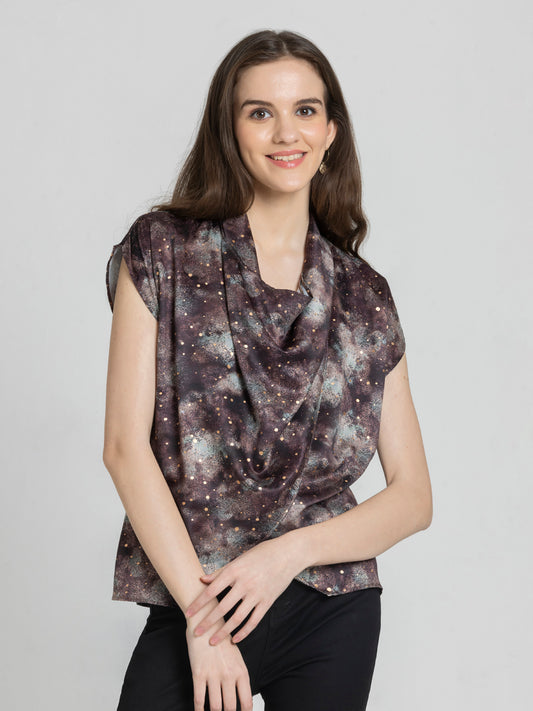 Shaye brown printed satin top cowl neck short extended sleeves overlap detail asymmetric hem relaxed fit front view for women