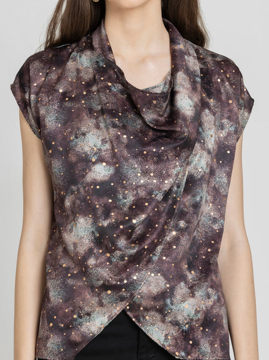 Shaye brown printed satin top cowl neck overlap detail close-up front for women