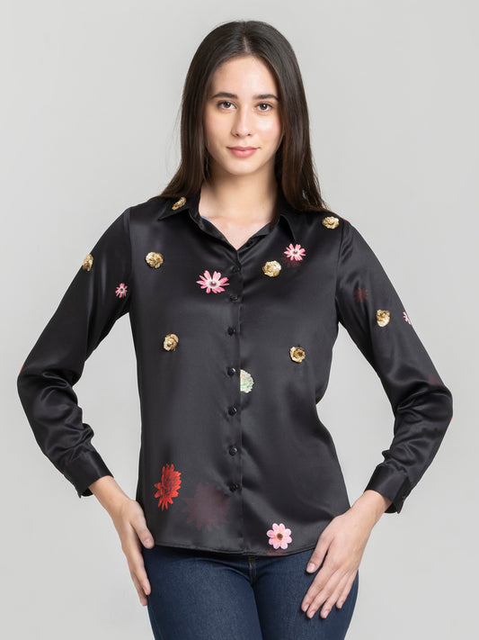 Shaye Cali black printed satin shirt with spread collar button down embroidery front