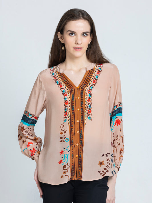 Shaye Holidaye beige floral print crepe shirt with band collar v-neckline front view