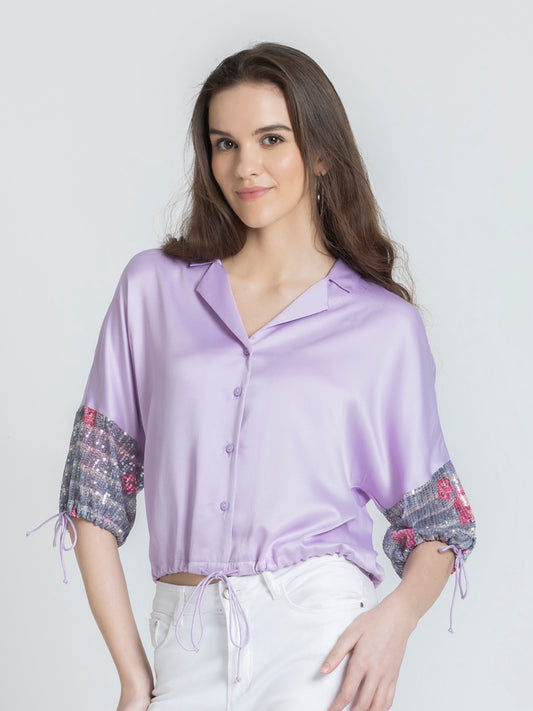 Shaye lavender party crop shirt satin notch collar three-quarter drawstring sleeves sequin detail front view for women