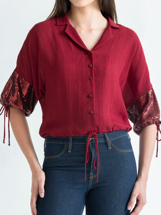 Shaye maroon party crop shirt polyester button down sequin detail drawstring sleeve close-up for women