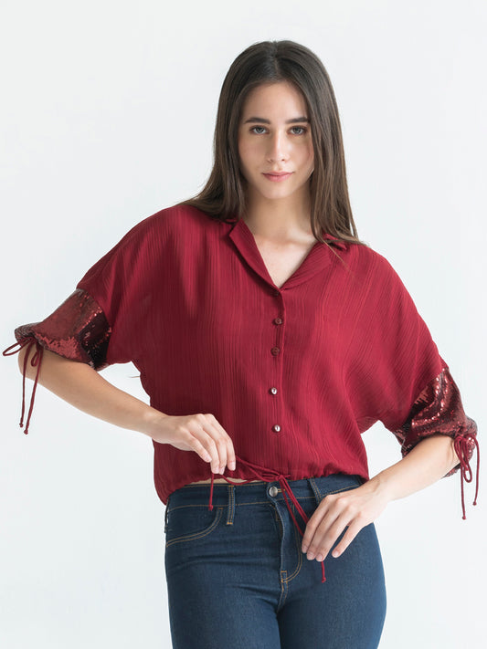 Shaye maroon party crop shirt polyester notch collar three-quarter drawstring sleeves sequin detail front view for women