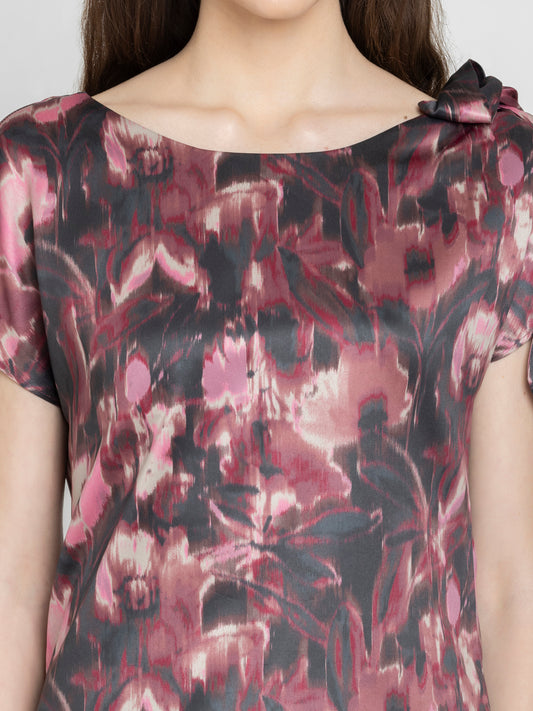 Shaye mauve printed top satin boat neck printed knot detail close-up front neckline for women