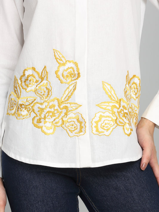 Melba Shirt White cotton shirt collar concealed placket yellow embroidery—embroidery detail view