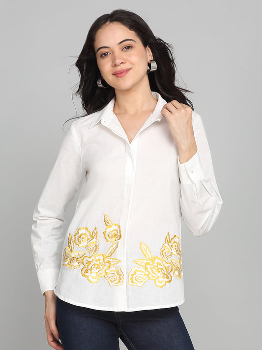 Melba Shirt White cotton shirt collar full sleeve front embroidery relaxed fit—front view