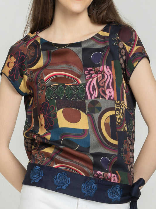 Shaye navy blue printed party top boat neck modal satin embroidery belt close-up for women