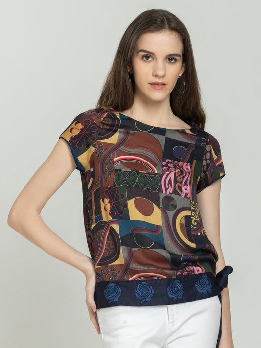 Shaye navy blue printed party top modal satin boat neck short sleeves waist belt relaxed fit front view for women