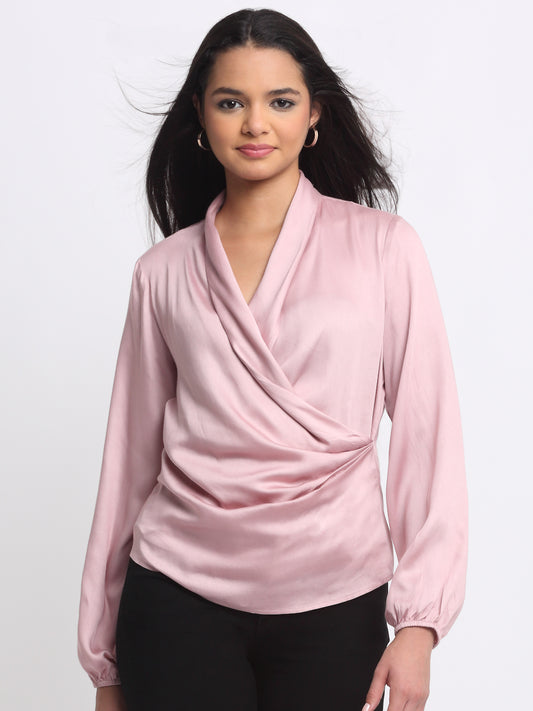 Shaye pink draped party top modal satin shawl collar full elasticated sleeves pleats relaxed fit front view for women