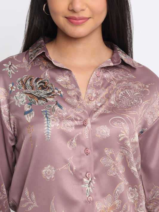 Shaye pink floral print shirt satin collar button and floral print detail close-up for women