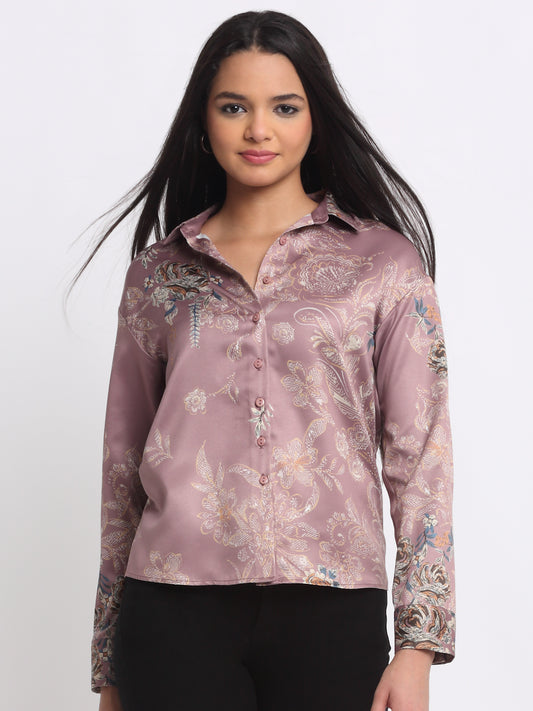 Shaye pink floral print shirt satin collar full sleeves button down front view for women