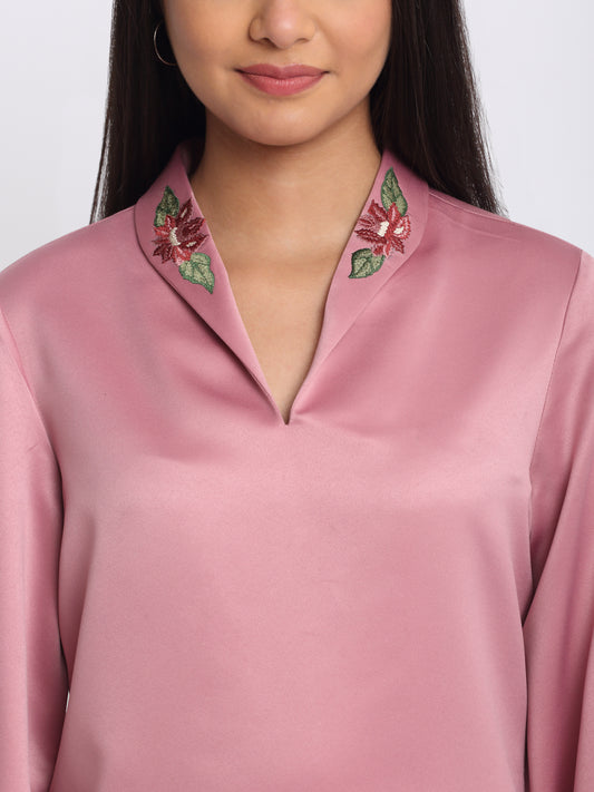 Shaye pink party top satin shawl collar embroidery and sequin waist detail close-up for women