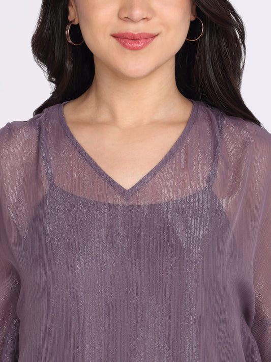 Shaye purple party top chiffon v-neck with cami and keyhole slit sleeve detail for women