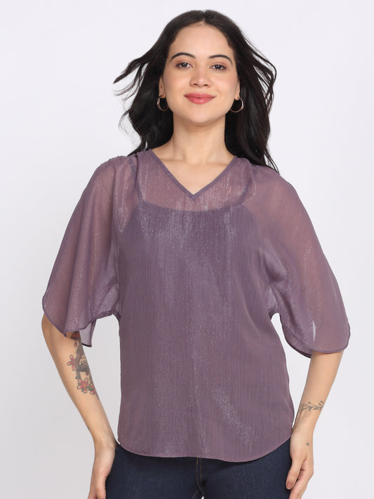 Shaye purple party top chiffon v-neck short slit sleeves front view for women