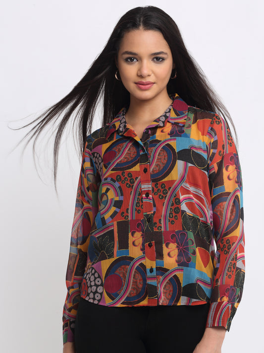 Shaye rust abstract print chiffon shirt collar full sleeves button down with Cami front view for women