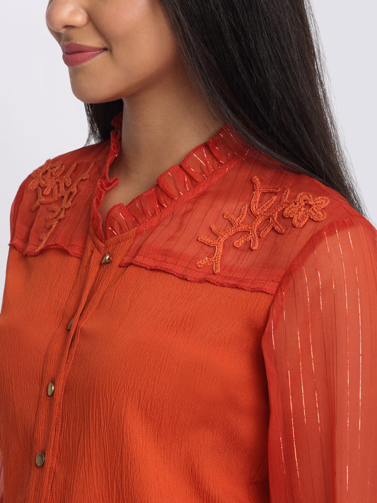Shaye rust embroidered party shirt crinkled crepe crochet patch embroidery and button close-up for women