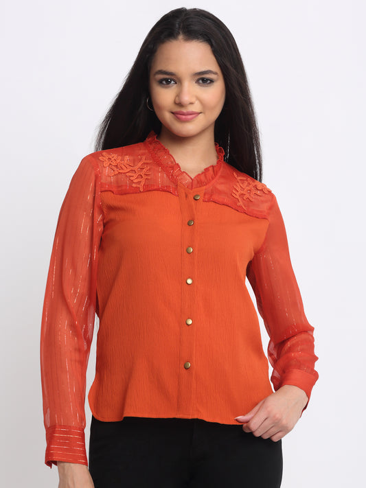 Shaye rust embroidered party shirt crinkled crepe v-neck full sleeves crochet patch relaxed fit front view for women