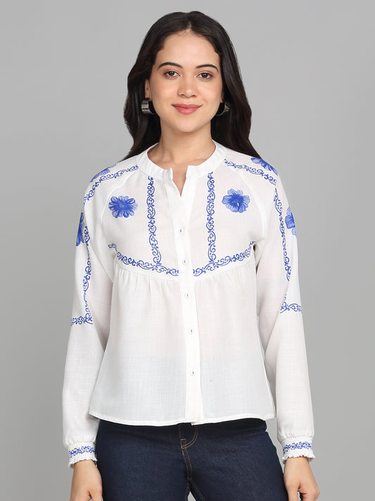 Shaye white floral print linen blend shirt round neck full sleeves blue embroidery button down relaxed fit front view
