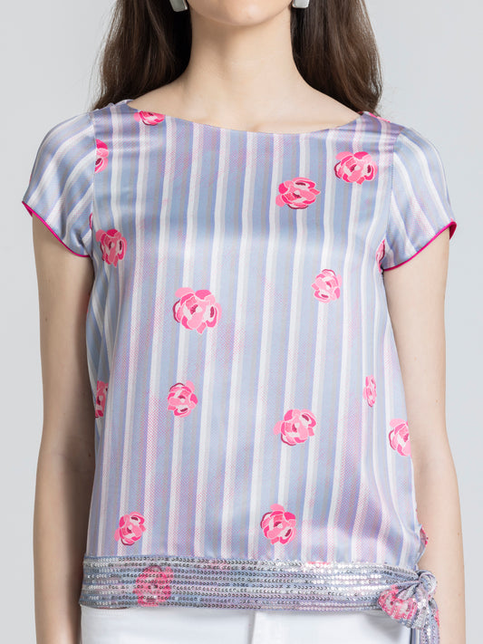 Shaye white floral print satin top boat neck sequin waist detail embroidery close-up for women