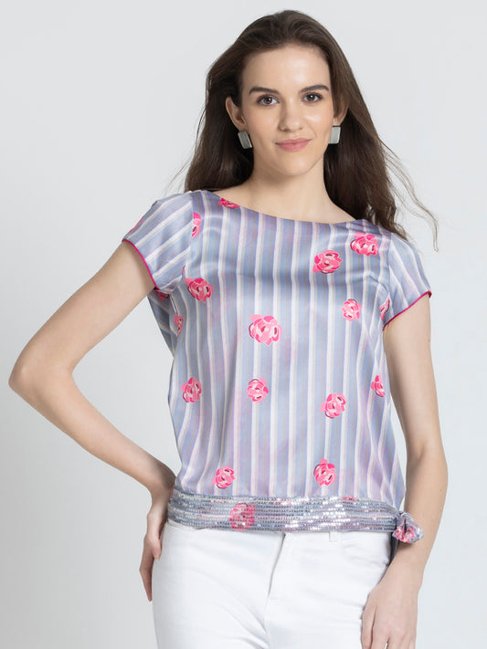 Shaye white floral print satin top boat neck short sleeves sequin waist detail relaxed fit front view for women