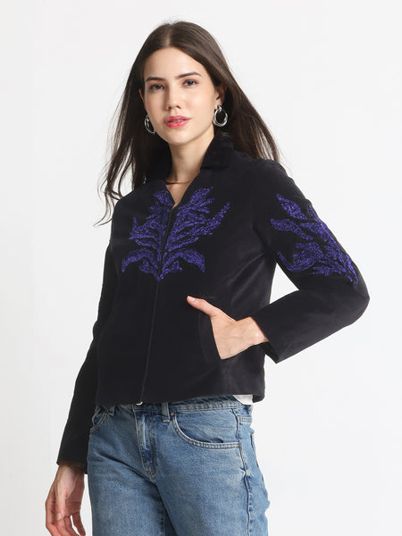 Black Spread Collar Embroidered Full Sleeves Jacket (TEST) from Shaye India , Jacket for women