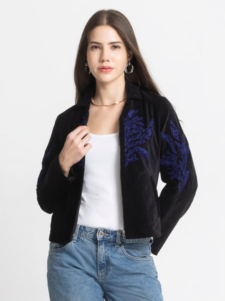 Black Spread Collar Embroidered Full Sleeves Jacket (TEST) from Shaye India , Jacket for women