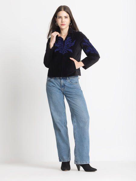 Black Spread Collar Embroidered Full Sleeves Jacket (TEST) from Shaye India , Jacket for women