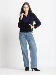 Black Spread Collar Embroidered Full Sleeves Jacket (TEST) from Shaye India , Jacket for women