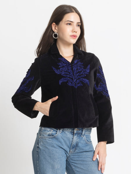 Black Spread Collar Embroidered Full Sleeves Jacket (TEST) from Shaye India , Jacket for women