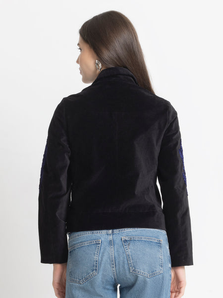 Black Spread Collar Embroidered Full Sleeves Jacket (TEST) from Shaye India , Jacket for women